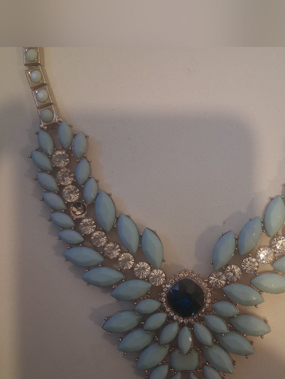 Statement Bib Necklace - Light Blue and Silver Crystal Accents